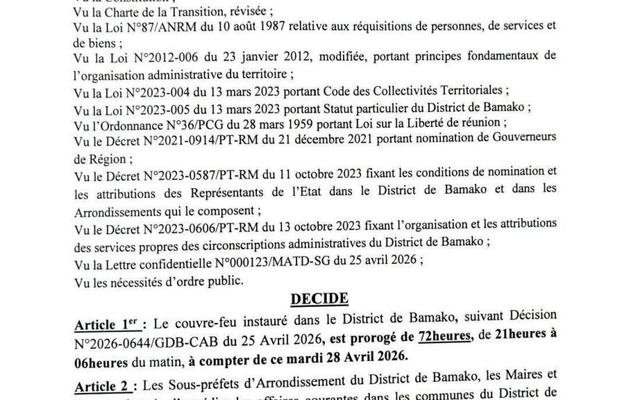 Curfew in Bamako extended by 72 hours amid worsening security situation